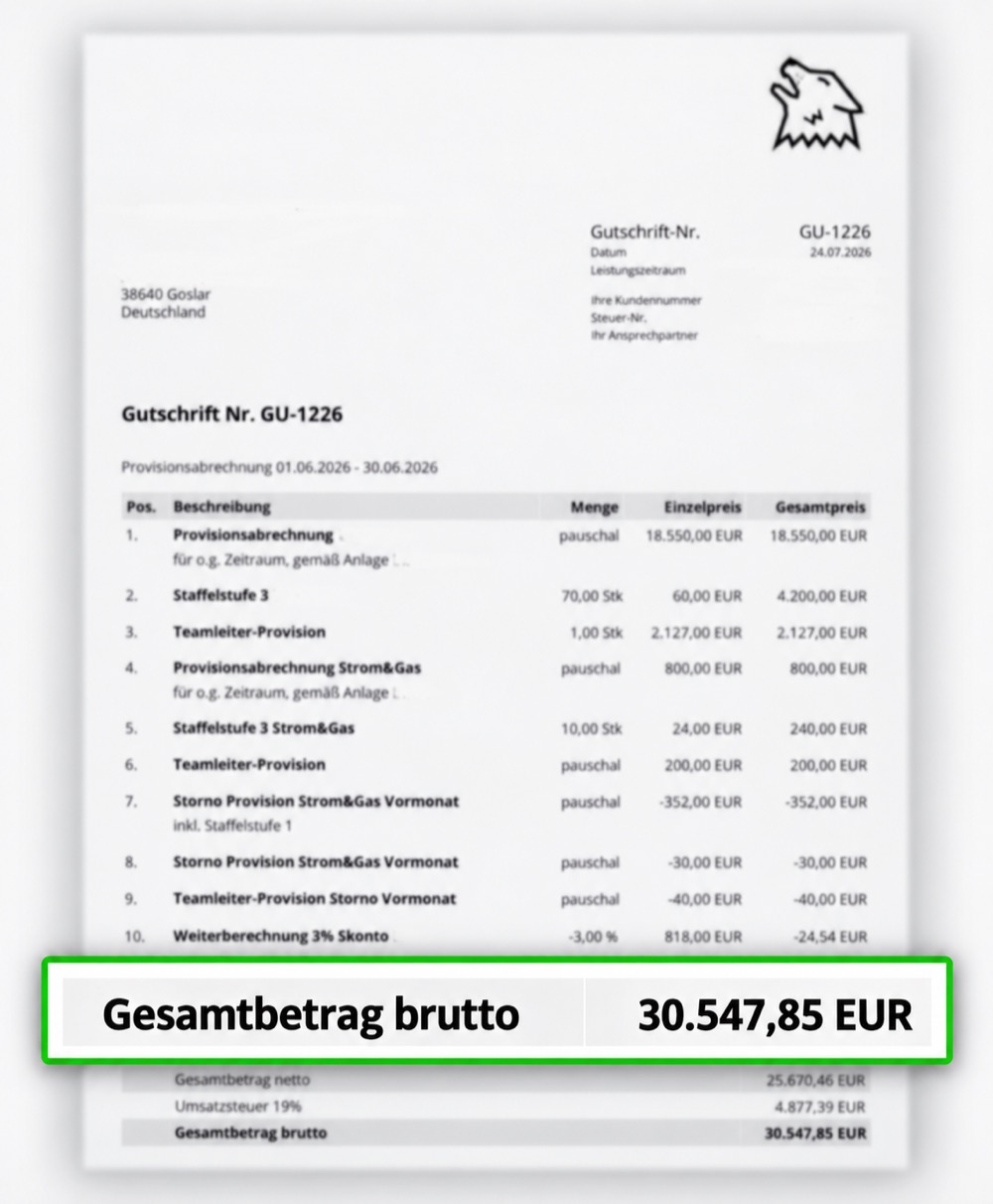 Provisionsabrechnung Teamleiter Glasfaser, 30.547,85 €